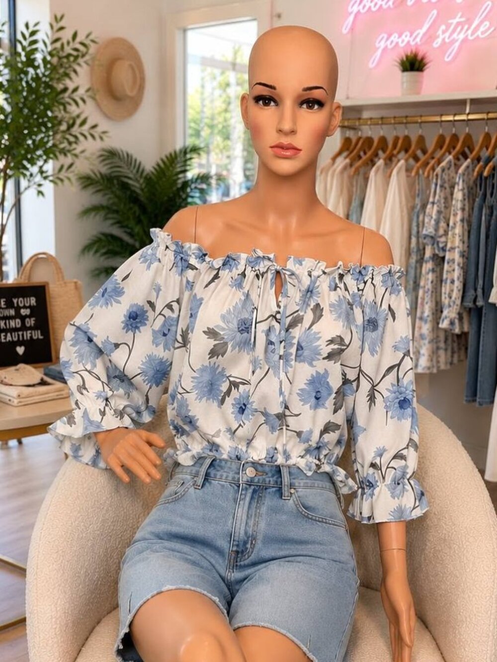 Off the ShoulderPuff Sleeve Print Ruffle Blouse Long Sleeve Xl
